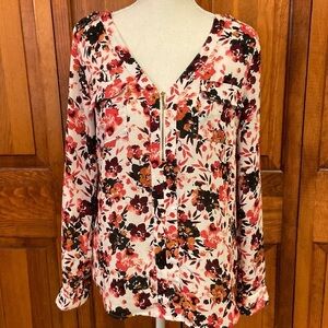 Candies V-Neck 1/4 Zip Adjustable Sleeve Floral Blouse Dressy Casual/Career EUC